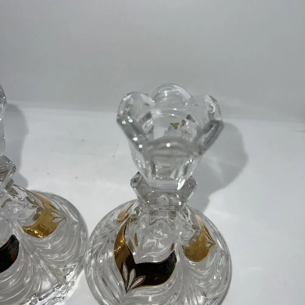 GERMAN HANDARBEIT 24% LEAD CRYSTAL CLEAR GOLD ACCENT CANDLESTICKS 5